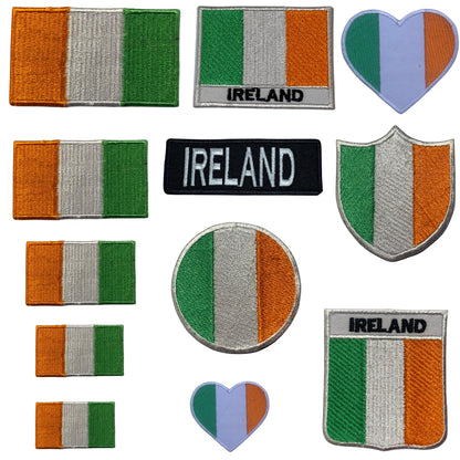 Ireland Flag Embroidered Patch Set, Iron-On or Sew-On Applique Badges, Rectangle Shield Round Heart Shapes, for Jackets, Backpacks, Hats, Uniforms and Various Sizes