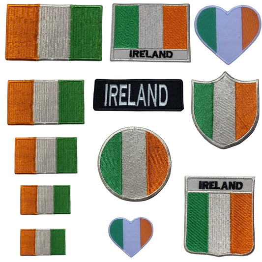 Ireland Flag Embroidered Patch Set, Iron-On or Sew-On Applique Badges, Rectangle Shield Round Heart Shapes, for Jackets, Backpacks, Hats, Uniforms and Various Sizes