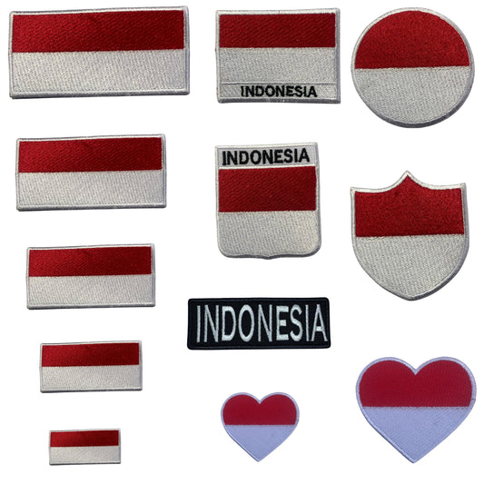 Indonesia Flag Embroidered Patch Set, Iron-On or Sew-On Applique Badges, Rectangle Shield Round Heart Shapes, for Jackets, Backpacks, Hats, Uniforms and Various Sizes