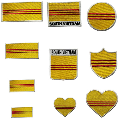 South Vietnam Flag Embroidered Patch Set, Iron-On or Sew-On Applique Badges, Rectangle Shield Round Heart Shapes, for Jackets, Backpacks, Hats, Uniforms and Various Sizes