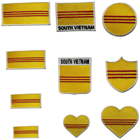 South Vietnam Flag Embroidered Patch Set, Iron-On or Sew-On Applique Badges, Rectangle Shield Round Heart Shapes, for Jackets, Backpacks, Hats, Uniforms and Various Sizes