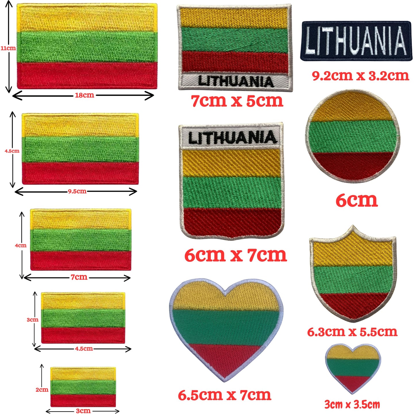 Lithuania Flag Embroidered Patch Set, Iron-On or Sew-On Applique Badges, Rectangle Shield Round Heart Shapes, for Jackets, Backpacks, Hats, Uniforms and Various Sizes