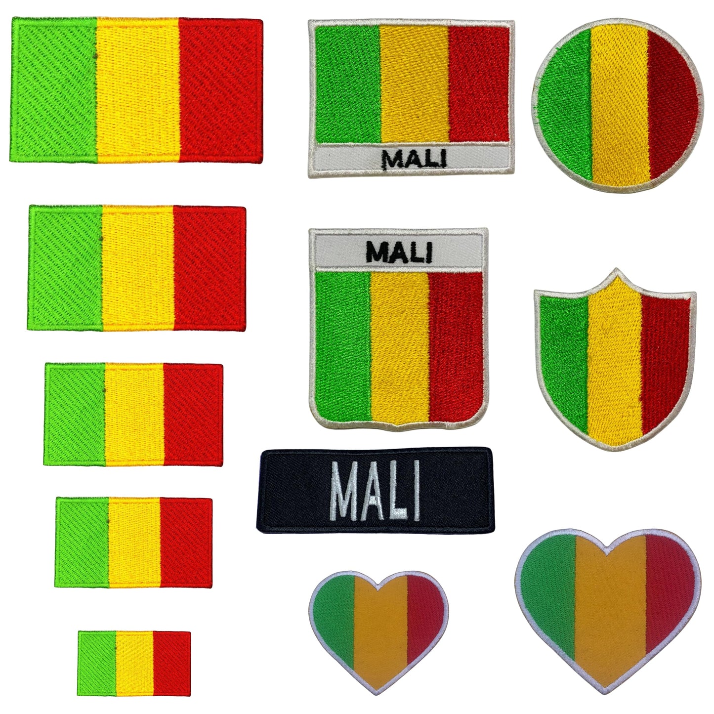 Mali Flag Embroidered Patch Set, Iron-On or Sew-On Applique Badges, Rectangle Shield Round Heart Shapes, for Jackets, Backpacks, Hats, Uniforms and Various Sizes