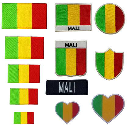 Mali Flag Embroidered Patch Set, Iron-On or Sew-On Applique Badges, Rectangle Shield Round Heart Shapes, for Jackets, Backpacks, Hats, Uniforms and Various Sizes