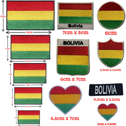 Bolivia Flag Embroidered Patch Set, Iron-On or Sew-On Applique Badges, Rectangle Shield Round Heart Shapes, National Flag Emblem for Jackets, Backpacks, Hats, Uniforms and Various Sizes