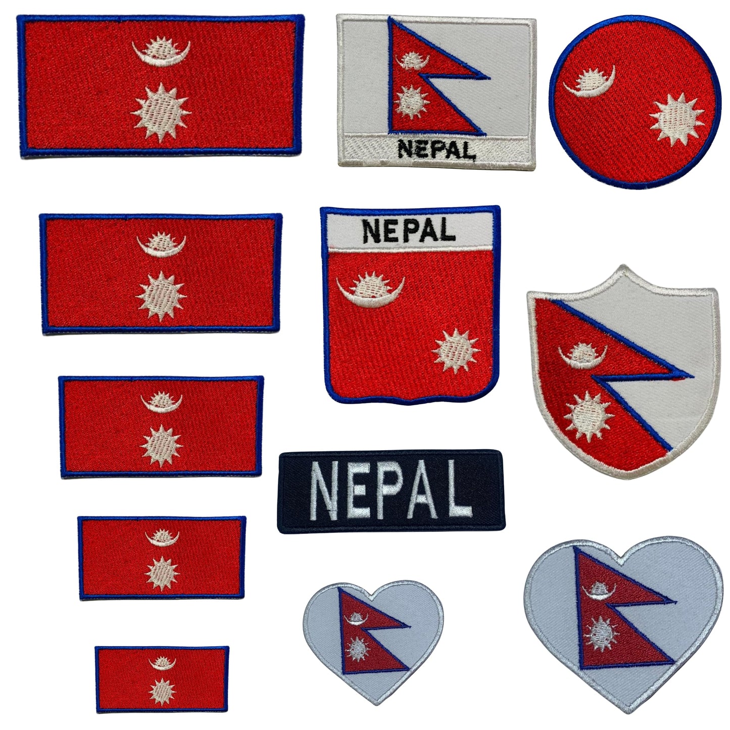 Nepal Flag Embroidered Patch Set, Iron-On or Sew-On Applique Badges, Rectangle Shield Round Heart Shapes, for Jackets, Backpacks, Hats, Uniforms and Various Sizes