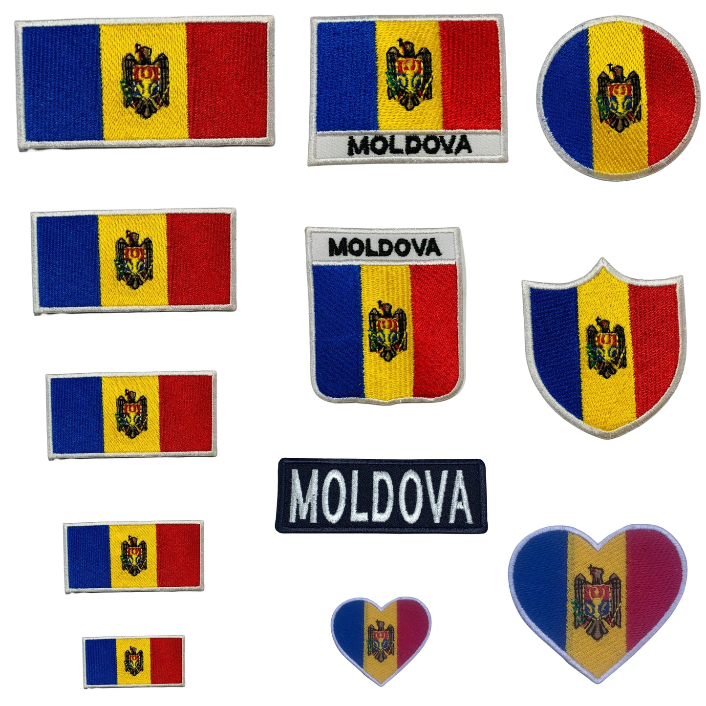 Moldova Flag Embroidered Patch Set, Iron-On or Sew-On Applique Badges, Rectangle Shield Round Heart Shapes, for Jackets, Backpacks, Hats, Uniforms and Various Sizes