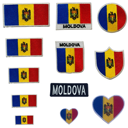 Moldova Flag Embroidered Patch Set, Iron-On or Sew-On Applique Badges, Rectangle Shield Round Heart Shapes, for Jackets, Backpacks, Hats, Uniforms and Various Sizes