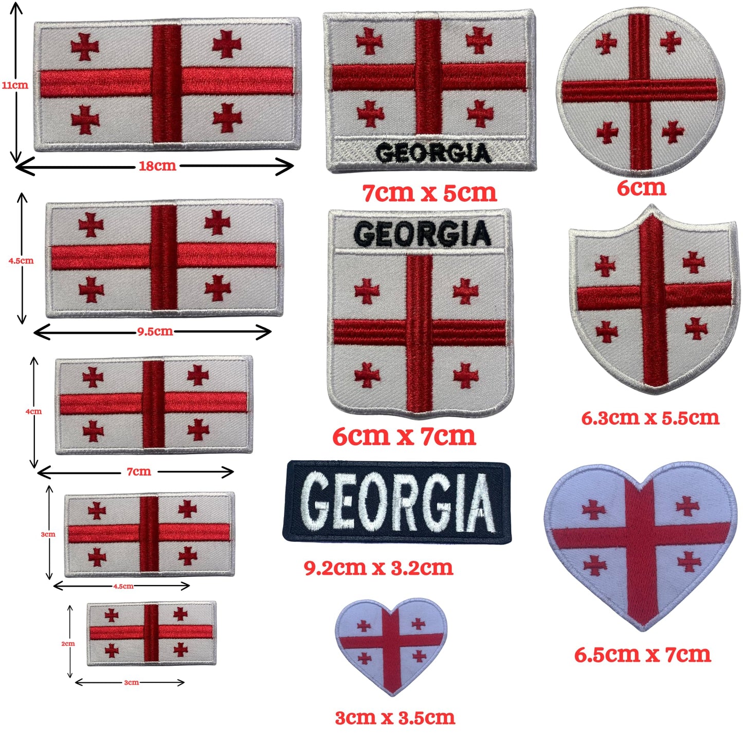 Georgia Flag Embroidered Patch Set, Iron-On or Sew-On Applique Badges, Rectangle Shield Round Heart Shapes, for Jackets, Backpacks, Hats, Uniforms and Various Sizes