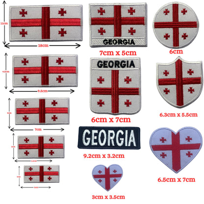 Georgia Flag Embroidered Patch Set, Iron-On or Sew-On Applique Badges, Rectangle Shield Round Heart Shapes, for Jackets, Backpacks, Hats, Uniforms and Various Sizes