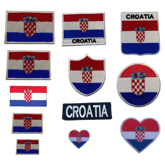 BeBuz Croatia Flag Embroidered Patches, Iron-On/Sew-On Applique, Shield, Round, Heart and Rectangle Flag Badges for Jackets, Bags, Uniforms, Various Sizes