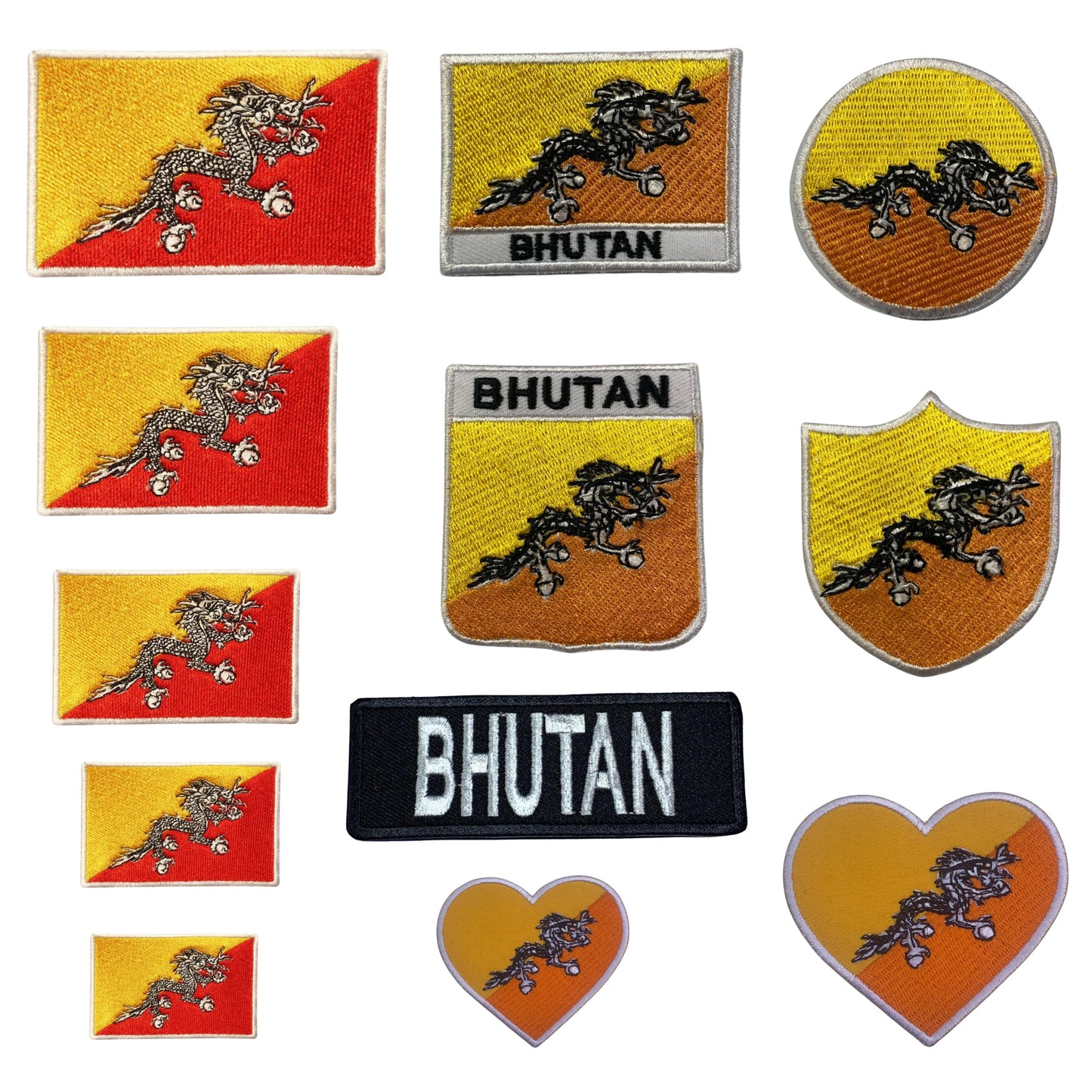 BeBuz Bhutan Flag Embroidered Patches, Iron-On/Sew-On Applique, Shield, Round, Heart and Rectangle Flag Badges for Jackets, Bags, Uniforms, Various Sizes