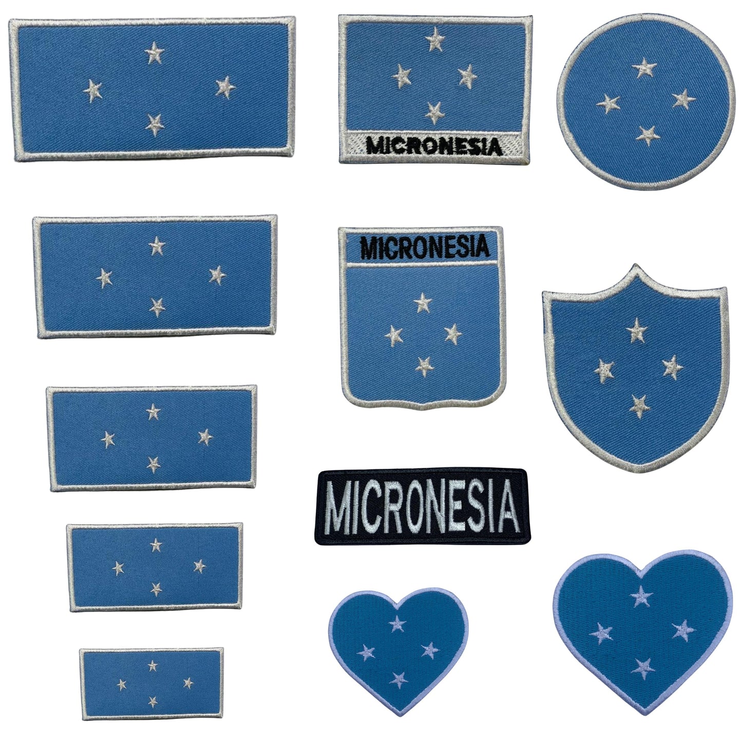 Micronesia Flag Embroidered Patch Set, Iron-On or Sew-On Applique Badges, Rectangle Shield Round Heart Shapes, for Jackets, Backpacks, Hats, Uniforms and Various Sizes