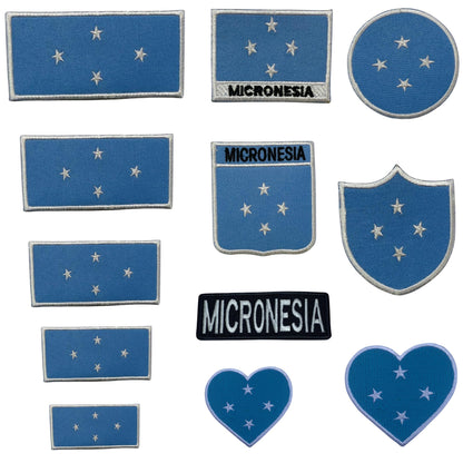 Micronesia Flag Embroidered Patch Set, Iron-On or Sew-On Applique Badges, Rectangle Shield Round Heart Shapes, for Jackets, Backpacks, Hats, Uniforms and Various Sizes