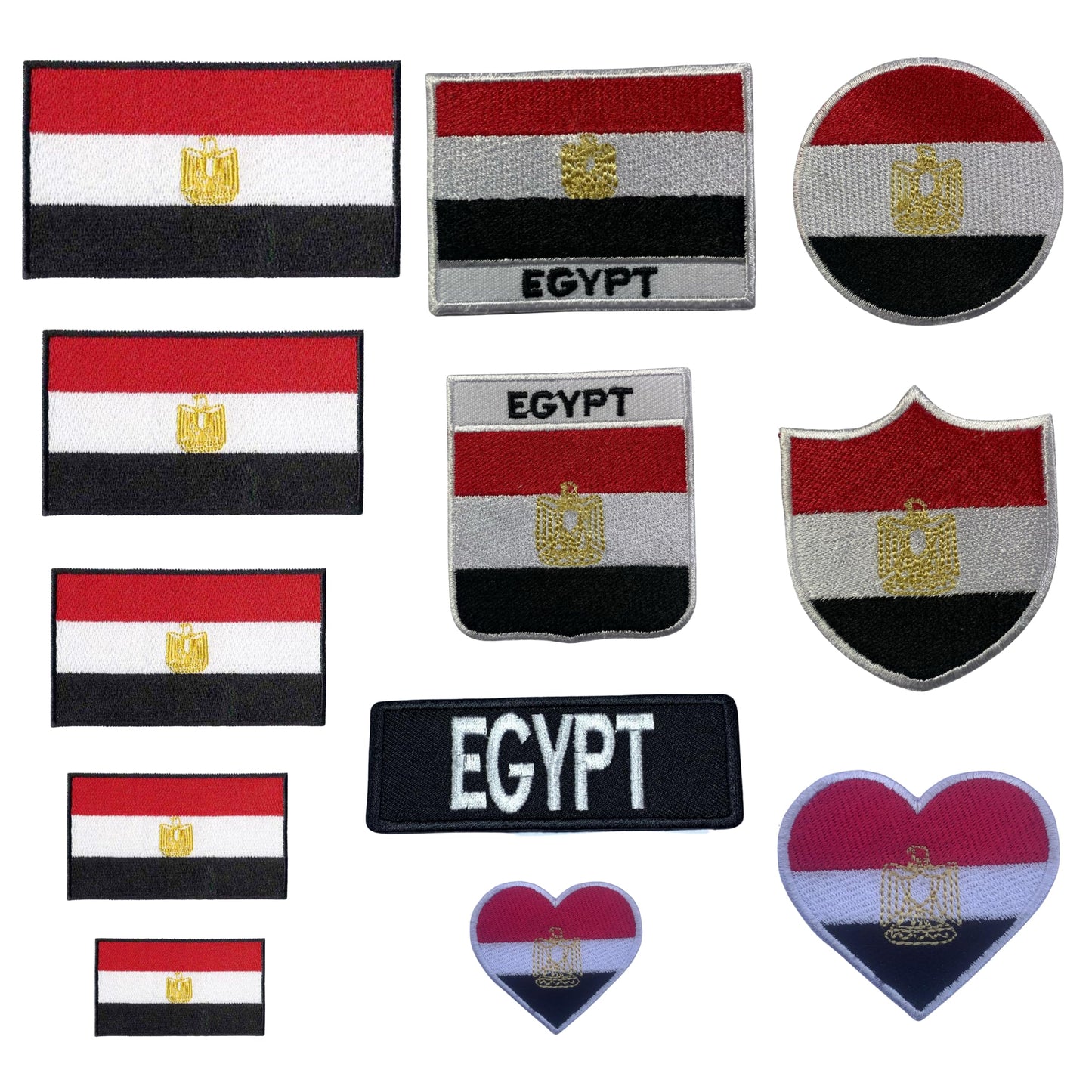 Egypt Flag Embroidered Patches, Iron-On/Sew-On Applique, Shield, Round, Heart and Rectangle Flag Badges for Jackets, Bags, Uniforms, Various Sizes