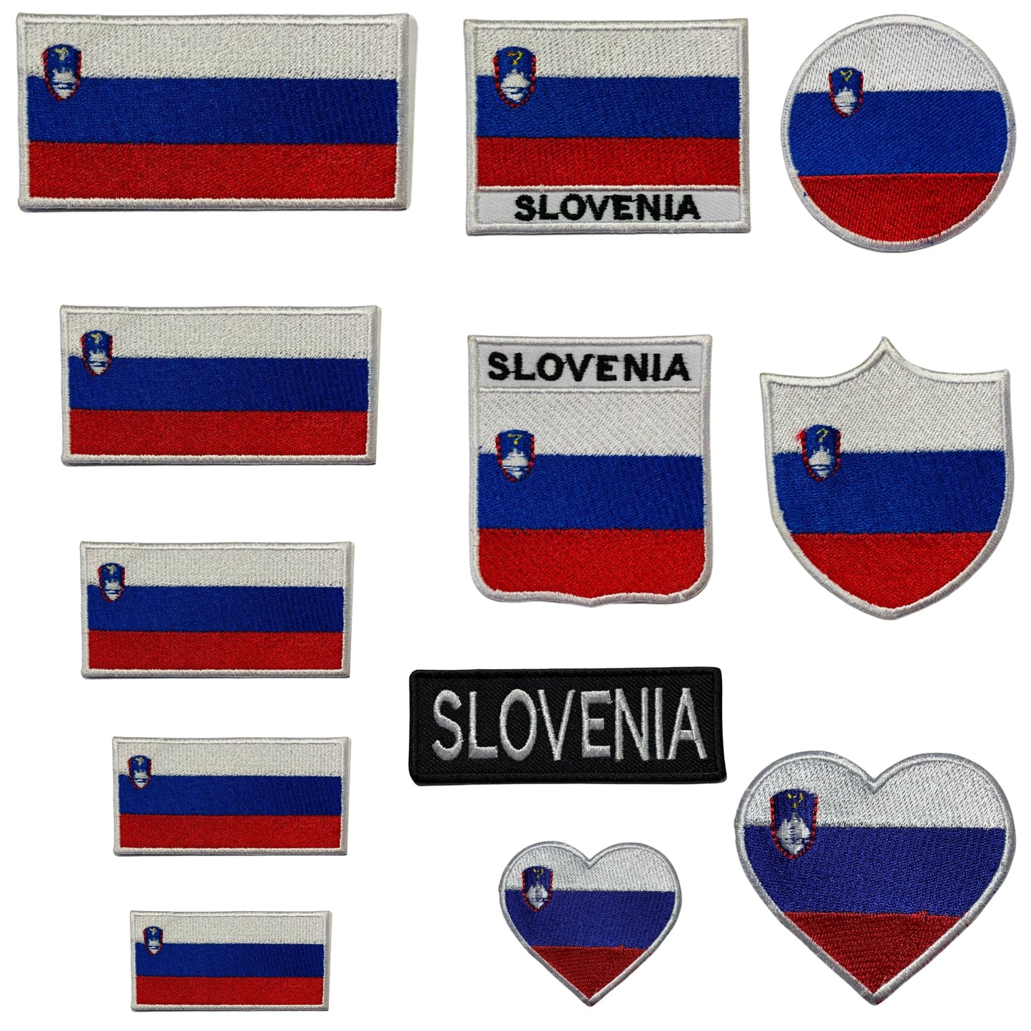 Slovenia Flag Embroidered Patch Set, Iron-On or Sew-On Applique Badges, Rectangle Shield Round Heart Shapes, for Jackets, Backpacks, Hats, Uniforms and Various Sizes