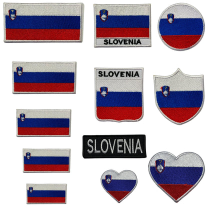 Slovenia Flag Embroidered Patch Set, Iron-On or Sew-On Applique Badges, Rectangle Shield Round Heart Shapes, for Jackets, Backpacks, Hats, Uniforms and Various Sizes