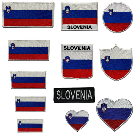 Slovenia Flag Embroidered Patch Set, Iron-On or Sew-On Applique Badges, Rectangle Shield Round Heart Shapes, for Jackets, Backpacks, Hats, Uniforms and Various Sizes