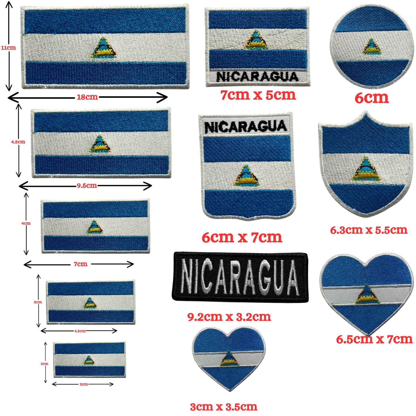 Nicaragua Flag Embroidered Patch Set, Iron-On or Sew-On Applique Badges, Rectangle Shield Round Heart Shapes, for Jackets, Backpacks, Hats, Uniforms and Various Sizes