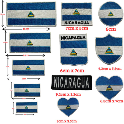 Nicaragua Flag Embroidered Patch Set, Iron-On or Sew-On Applique Badges, Rectangle Shield Round Heart Shapes, for Jackets, Backpacks, Hats, Uniforms and Various Sizes