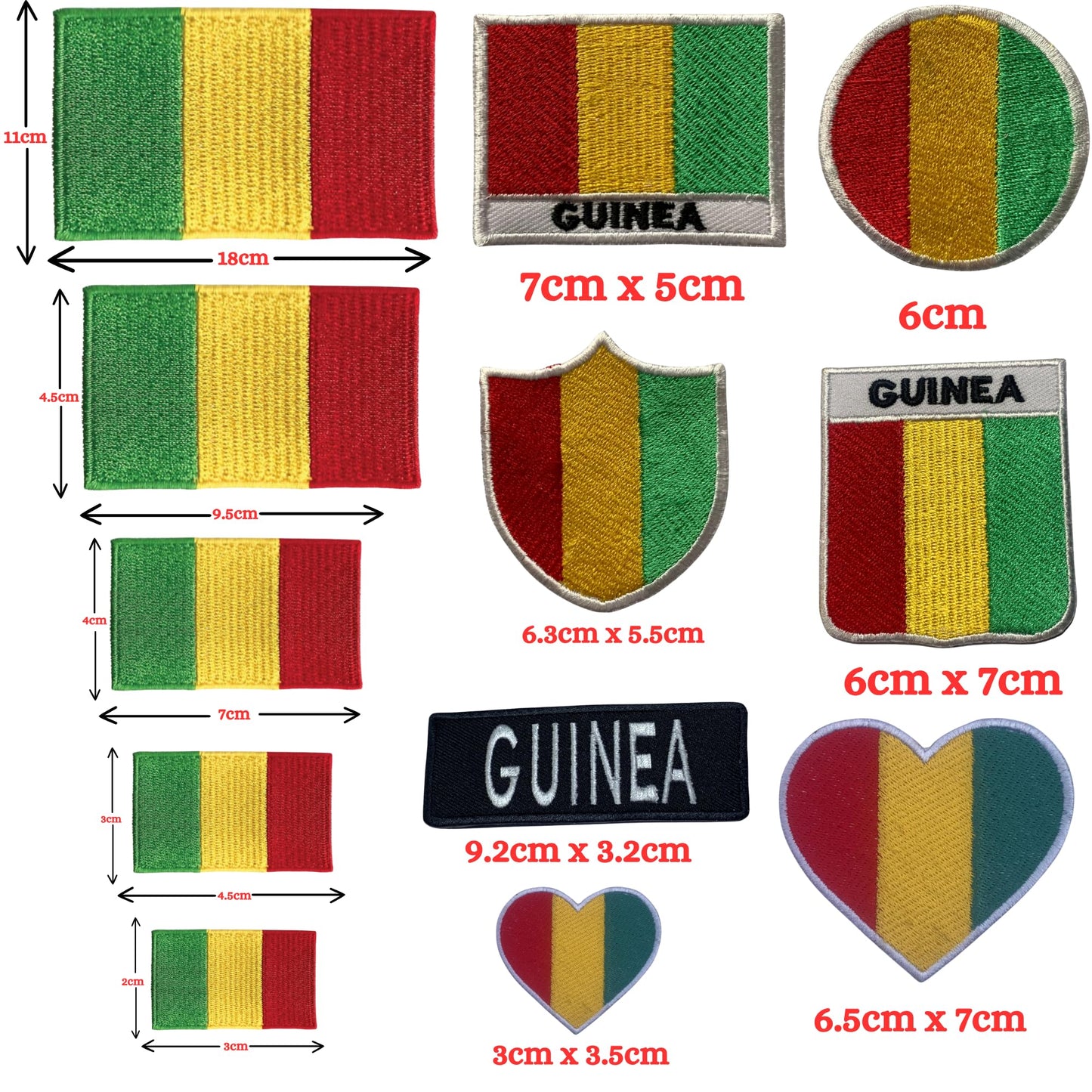 Guinea Flag Embroidered Patch Set, Iron-On or Sew-On Applique Badges, Rectangle Shield Round Heart Shapes, for Jackets, Backpacks, Hats, Uniforms and Various Sizes