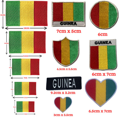 Guinea Flag Embroidered Patch Set, Iron-On or Sew-On Applique Badges, Rectangle Shield Round Heart Shapes, for Jackets, Backpacks, Hats, Uniforms and Various Sizes