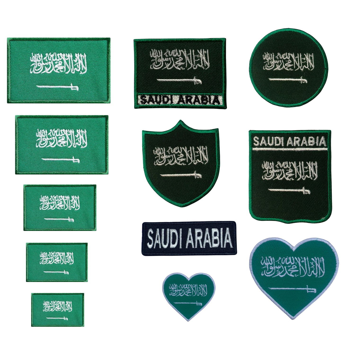 Saudi Arabia Flag Embroidered Patches, Iron-On/Sew-On Applique, Shield, Round, Heart and Rectangle Flag Badges for Jackets, Bags, Uniforms, Various Sizes