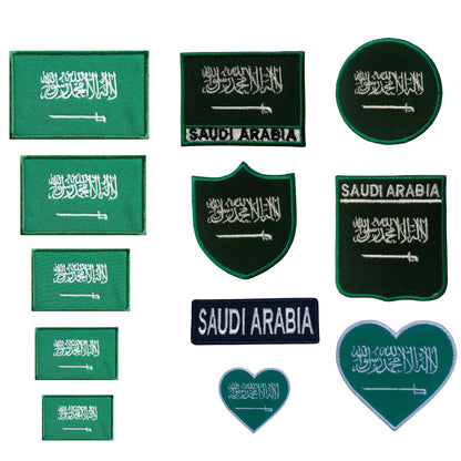 Saudi Arabia Flag Embroidered Patches, Iron-On/Sew-On Applique, Shield, Round, Heart and Rectangle Flag Badges for Jackets, Bags, Uniforms, Various Sizes