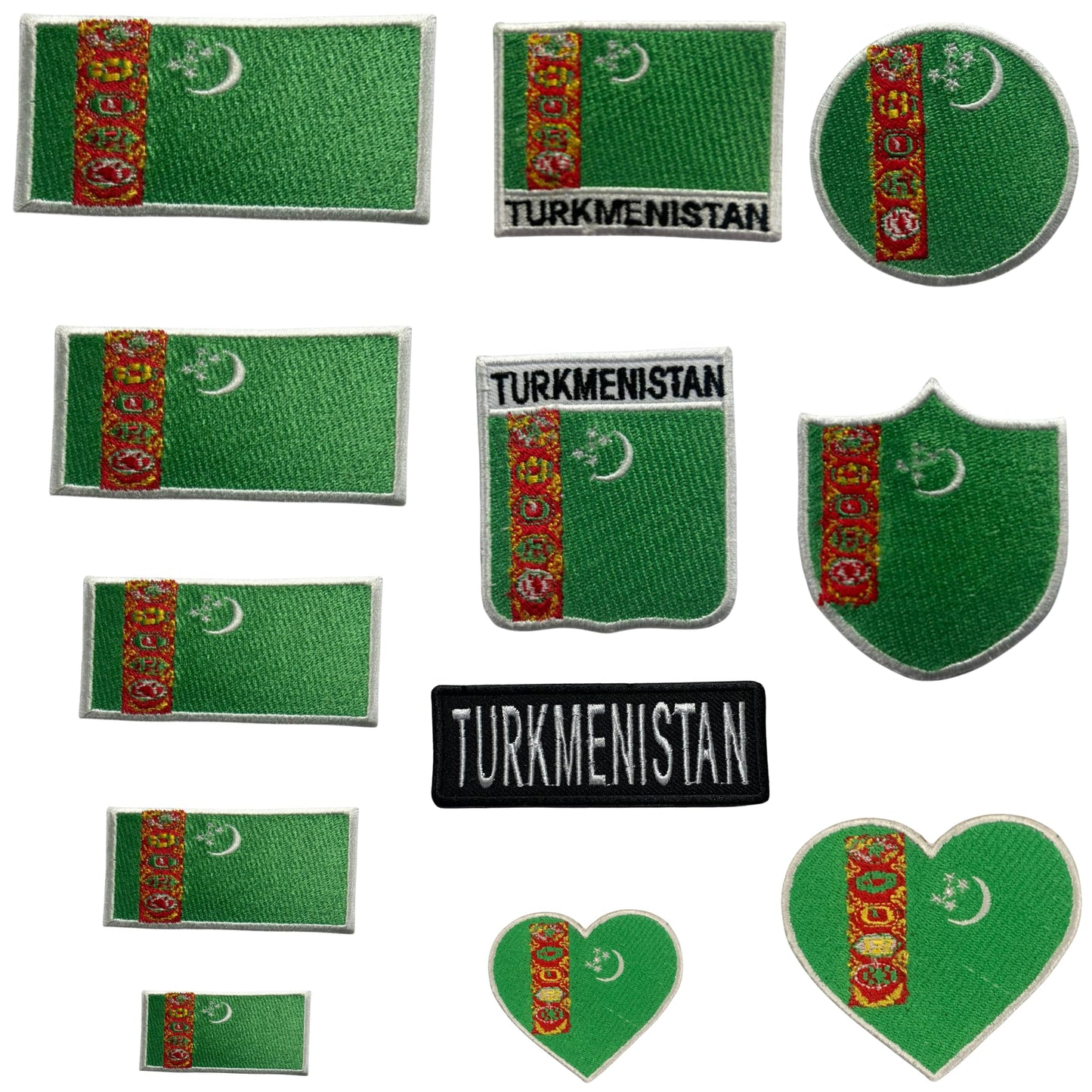 Turkmenistan Flag Embroidered Patch Set, Iron-On or Sew-On Applique Badges, Rectangle Shield Round Heart Shapes, for Jackets, Backpacks, Hats, Uniforms and Various Sizes