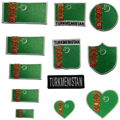 Turkmenistan Flag Embroidered Patch Set, Iron-On or Sew-On Applique Badges, Rectangle Shield Round Heart Shapes, for Jackets, Backpacks, Hats, Uniforms and Various Sizes