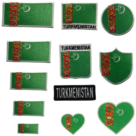 Turkmenistan Flag Embroidered Patch Set, Iron-On or Sew-On Applique Badges, Rectangle Shield Round Heart Shapes, for Jackets, Backpacks, Hats, Uniforms and Various Sizes