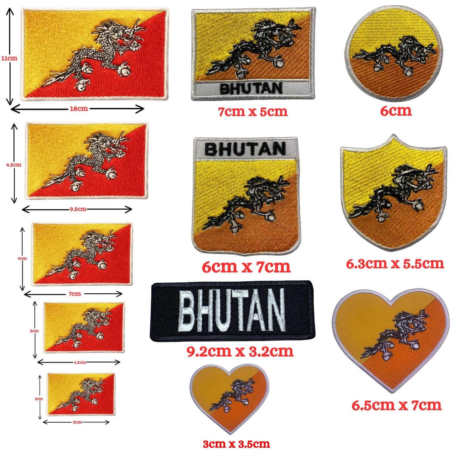 BeBuz Bhutan Flag Embroidered Patches, Iron-On/Sew-On Applique, Shield, Round, Heart and Rectangle Flag Badges for Jackets, Bags, Uniforms, Various Sizes