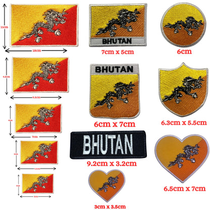 BeBuz Bhutan Flag Embroidered Patches, Iron-On/Sew-On Applique, Shield, Round, Heart and Rectangle Flag Badges for Jackets, Bags, Uniforms, Various Sizes