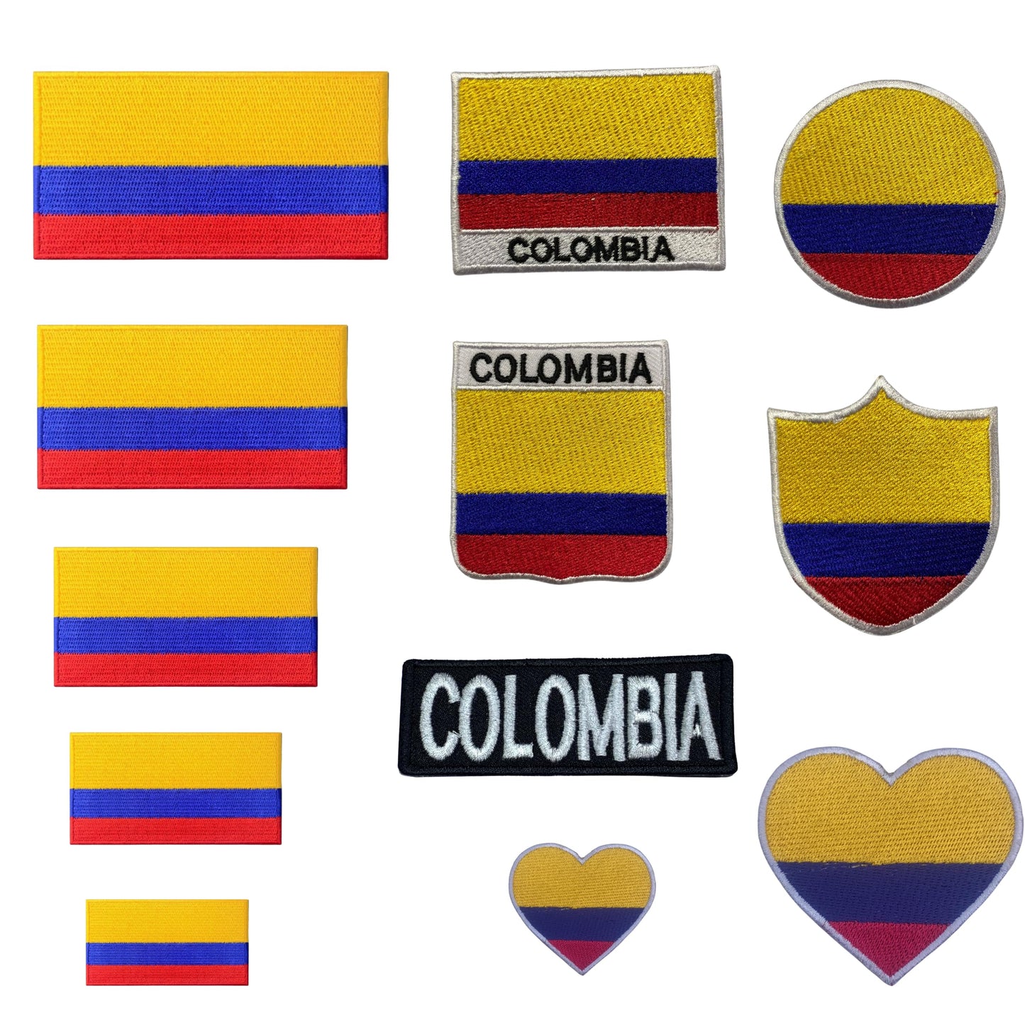 Colombia Flag Embroidered Patches, Iron-On/Sew-On Applique, Shield, Round, Heart and Rectangle Flag Badges for Jackets, Bags, Uniforms, Various Sizes