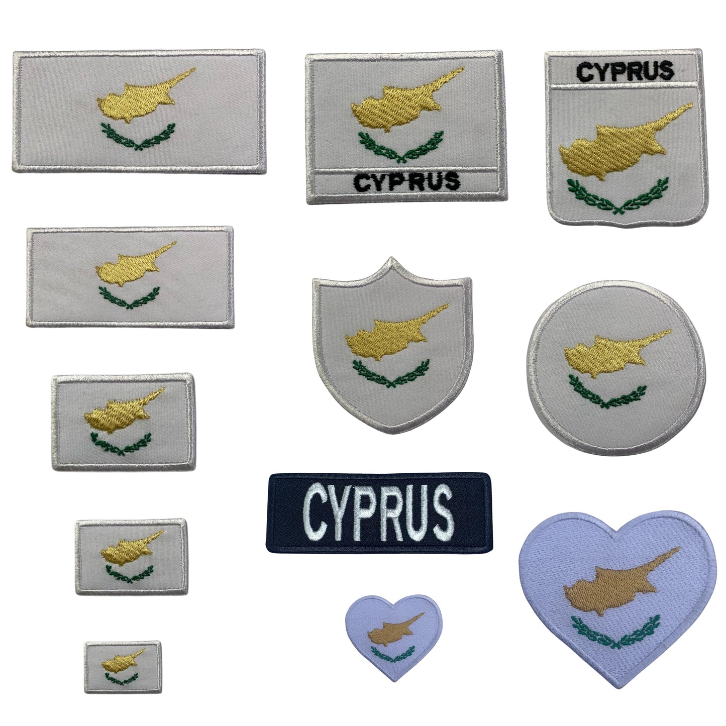 Cyprus Flag Embroidered Patch Set, Iron-On or Sew-On Applique Badges, Rectangle Shield Round Heart Shapes, for Jackets, Backpacks, Hats, Uniforms and Various Sizes