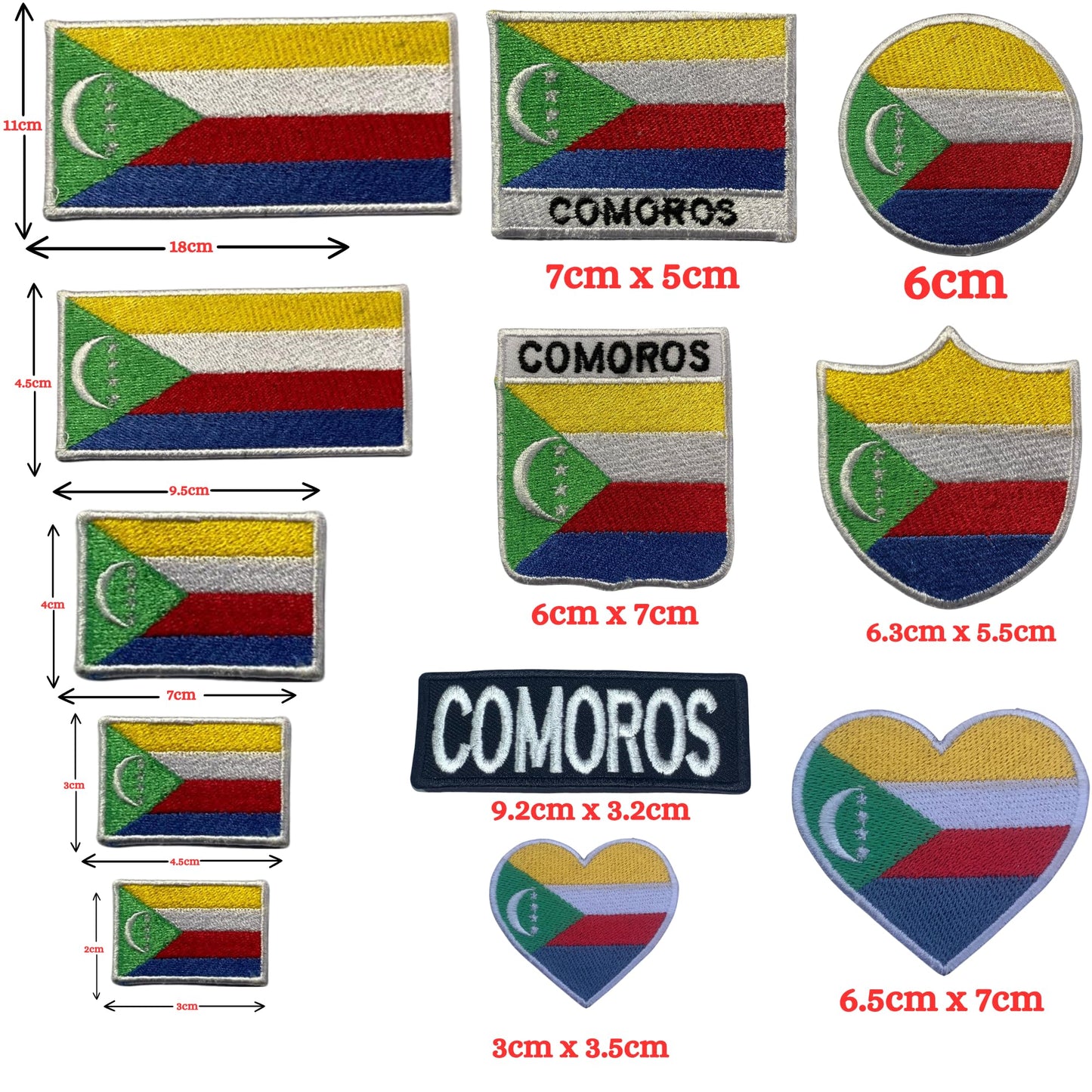 Comoros Flag Embroidered Patch Set, Iron-On or Sew-On Applique Badges, Rectangle Shield Round Heart Shapes, for Jackets, Backpacks, Hats, Uniforms and Various Sizes