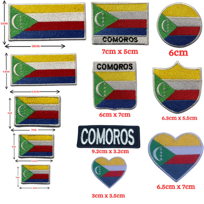 Comoros Flag Embroidered Patch Set, Iron-On or Sew-On Applique Badges, Rectangle Shield Round Heart Shapes, for Jackets, Backpacks, Hats, Uniforms and Various Sizes