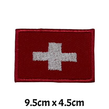 BeBuz Switzerland Flag Embroidered Patches, Iron-On/Sew-On Applique, Shield, Round, Heart and Rectangle Flag Badges for Jackets, Bags, Uniforms, Various Sizes